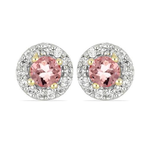 14K GOLD EARRINGS WITH DIAMONDS AND MORGANITE NATURAL GEMSTONE